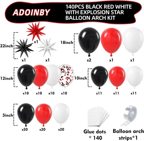 Miniatura 2 de Kit de arco de globos rojos, negros y blancos de ADOINBY, kit de guirnalda de globos con estrellas, 140 piezas, globos de diferentes tamaños