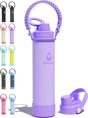 Miniatura 14 de Botella de agua aislada de 18 onzas con 2 tapas (tapa de popote y boquilla 2 en 1, tapa magnética), botella de agua delgada con correa, botella