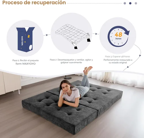 Miniatura 8 de MAXYOYO Colchón plegable de tres pliegues, colchón plegable acolchado de 6 pulgadas con tela chenille, colchoneta portátil de piso tamaño individual