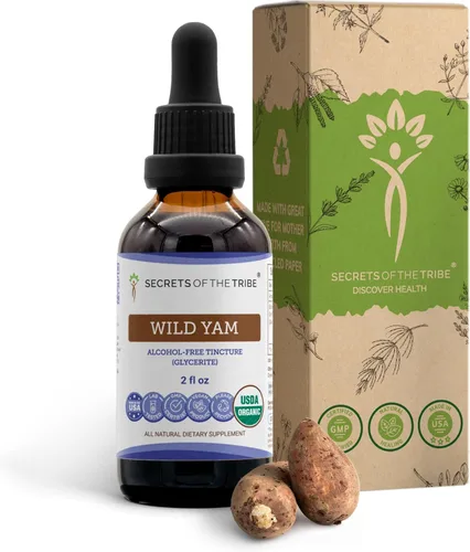 Secrets of the Tribe Wild Yam Tintura orgánica sin alcohol USDA (glicerita) 695 mg de ñame silvestre cultivado responsablemente (Dioscorea Villosa)