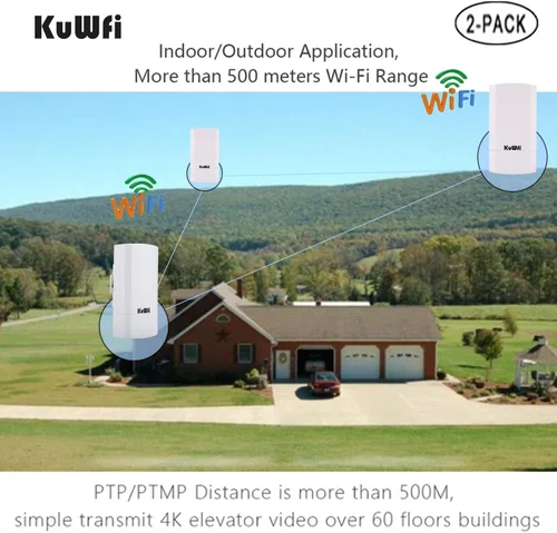 Miniatura 8 de KuWFi Paquete de 2 puentes inalámbricos de 300 Mbps, kit de puente inalámbrico CPE WiFi para exteriores, punto a punto, puente de Internet 2.4 G