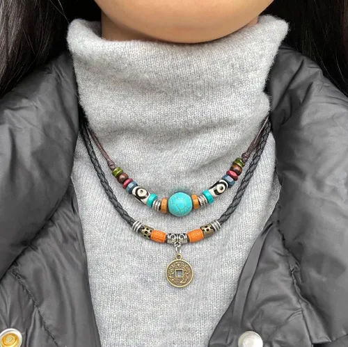 Miniatura 6 de Beulous Collar de cuero con cuentas de doble capa estilo tribal vintage para hombre y mujer, con colgante para surfista de verano y playa, Cuero, No