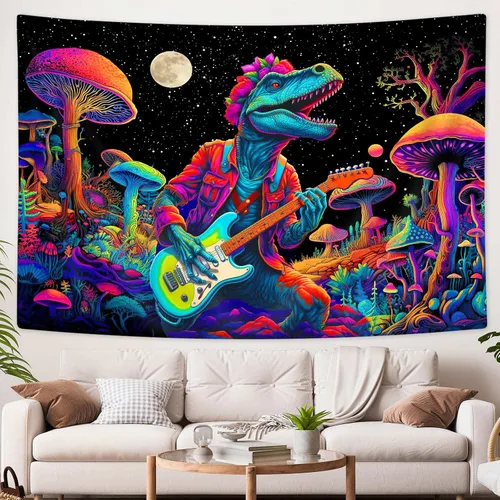 Miniatura 7 de SAOLUIS Tapiz de luz negra de dinosaurio, divertidos tapices de hongos de dinosaurio de neón reactivo a los rayos UV para colgar en la pared, tapiz