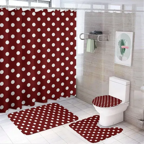 Miniatura 56 de Juego de 3 alfombras de baño con diseño de lunares, color azul aguamarina, antideslizante, con contorno en forma de U y tapa de inodoro