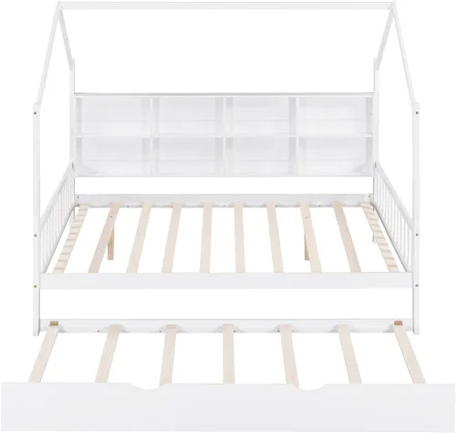 Miniatura 5 de Cama matrimonial con nido, marco de cama matrimonial para niños con estantes de almacenamiento y techo, cama Montessori, cama de tienda, cama