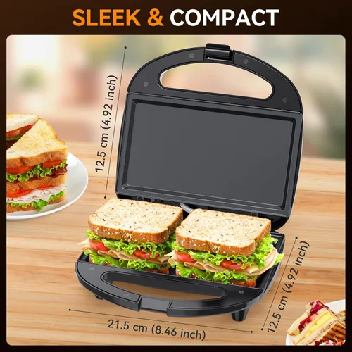 Miniatura 6 de OSTBA Sandwichera, Máquina para Hacer Sándwiches de Queso a la Parrilla de 2 Rebanadas con Placas Planas Antiadherentes, Luces Indicadoras, Mango