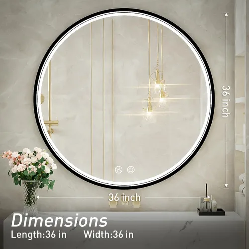 Miniatura 7 de Espejo de baño LED redondo de 36 pulgadas, espejo de tocador antivaho regulable con control táctil, luz natural de 6000 K, marco de metal negro