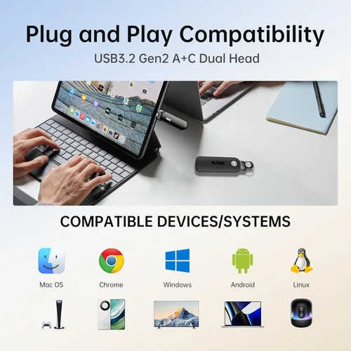 Miniatura 6 de SSK Unidad Flash USB 256GB SSD Externa, TLC NAND Unidad de Estado Sólido de Doble Puerto USBC y USBA, Hasta 1000MB/s Unidad USB de Pulgar Portátil