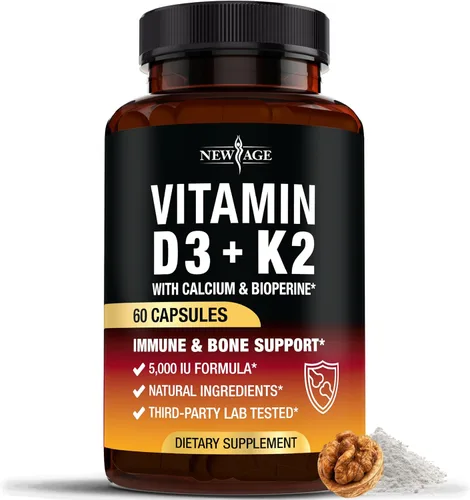 Miniatura 8 de NEW AGE Vitamina D3 5,000 UI + K2 MK-7 100 mcg - 2 en 1 hueso, apoyo inmunológico y cardíaco, fácil de tragar, sin OMG - 120 cápsulas