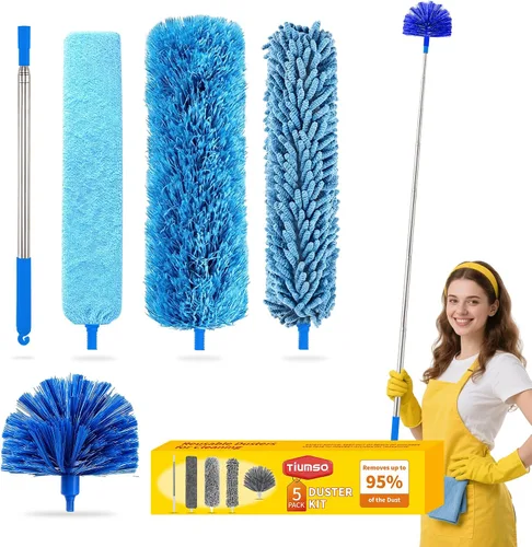 Miniatura 13 de Tiumso Kit de plumero de microfibra 5 en 1, plumeros para limpieza, plumero con poste de extensión de 100 pulgadas, plumero de telaraña, plumeros