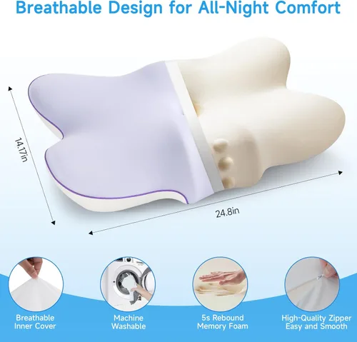 Miniatura 3 de jiaao Almohada cervical para cuello y hombro, almohada cervical ajustable de espuma viscoelástica para aliviar el dolor de dormir, almohadas Morado