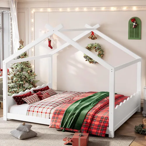 Miniatura 16 de Camas de madera Montessori tamaño individual, cama de plataforma para niños con cabecero y estribo, cama de tienda de campaña, no necesita somier