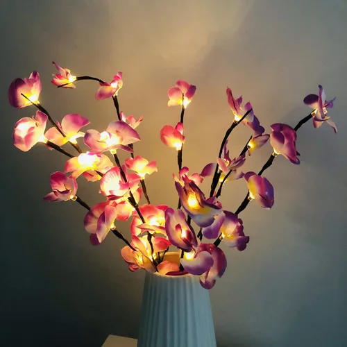 Miniatura 10 de Phalaenopsis - Paquete de 2 lámparas LED de rama de orquídea, ramo de orquídeas artificiales de mariposa, funciona con pilas, para decoración