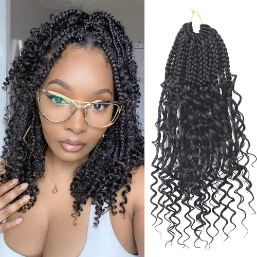 Miniatura 22 de Goddess Box Braids - Trenzas de cabello a ganchillo con extremos rizados, trenzas de caja bohemianas de 16 pulgadas, trenzas de ganchillo, 8 1B-4-30