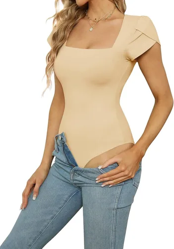 Miniatura 5 de PINKMSTYLE Body de manga corta con cuello cuadrado para mujer, camiseta básica casual de verano