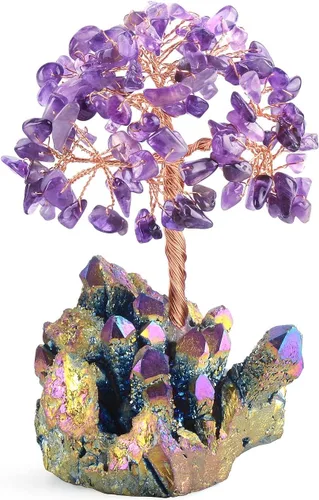 Decoración de amatista natural, árbol de la vida, de cuarzo, arco iris, base de tatinio, cristales curativos, bonsái de Feng Shui, árbol de dinero