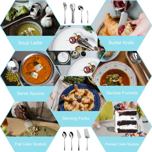 Miniatura 4 de Juego de cubiertos de 32 piezas con juego de utensilios para servir, cuchillos de acero inoxidable, cucharas y tenedores para el hogar, cocina
