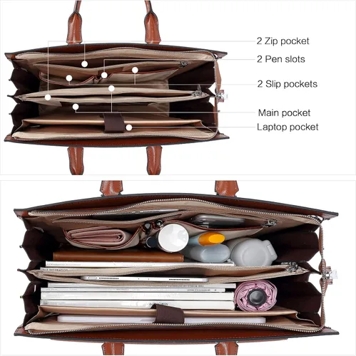 Miniatura 4 de BOSTANTEN Maletín para mujer con bolso para laptop de 15.6 pulgadas, bolso de mano de cuero genuino para el trabajo, color beige