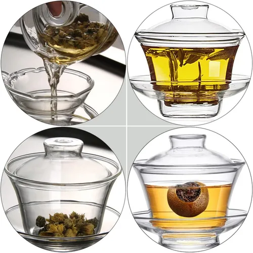 Miniatura 7 de Cabilock Taza de té transparente con tapa: taza de té de cristal chino japonés Gaiwan Bowl Mug para ceremonia Kung Fu Accesorios Estilo 2
