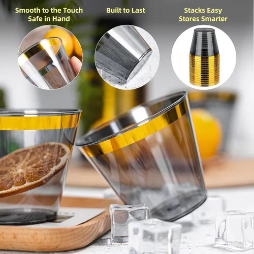 Miniatura 3 de N9R 100 vasos de plástico negros y dorados de 9 onzas, vasos desechables transparentes con borde dorado, vasos de cóctel resistentes para fiestas
