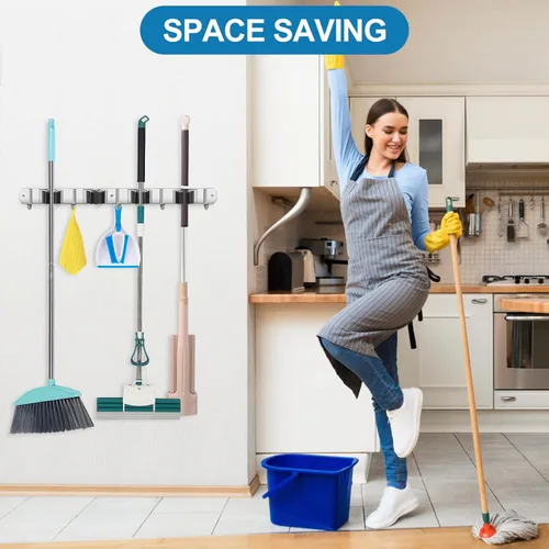 Miniatura 7 de IMILLET Soporte para escoba con montaje en pared, soporte para escoba y fregona de acero inoxidable autoadhesivo, ganchos resistentes, organizador 4