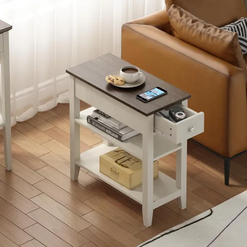 Miniatura 2 de ChooChoo Mesa auxiliar para sala de estar, mesa auxiliar estrecha con cajón y estante, mesa auxiliar de sofá de 3 niveles para espacio pequeño