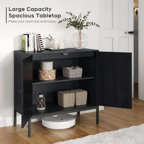 Miniatura 5 de Brafab Aparador negro con puertas decoradas de ratán natural, 31.5 pulgadas de ancho, armario de almacenamiento de ratán Credenza, gabinete bohemio