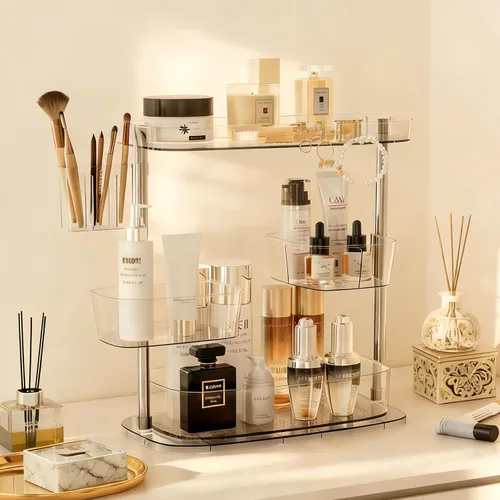 Organizador de maquillaje giratorio de 360°, organizador de maquillaje con soporte para brochas y soporte de perfume, organizador de mostrador de