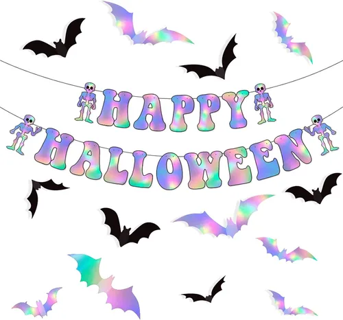 Miniatura 10 de Pancarta de decoración de fiesta de telaraña negra y morada de Halloween, 8 piezas de murciélagos de papel, remolinos colgantes, remolinos