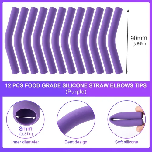 Miniatura 2 de HINZIC 12 puntas de silicona reutilizables para pajitas de goma de grado alimenticio, puntas de repuesto para codo flexible de color morado