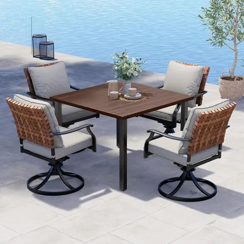 Miniatura 26 de Grand patio Juego de comedor de exterior de 5 piezas, 4 sillas de patio giratorias de mimbre con aspecto de cuero y 1 mesa de comedor cuadrada