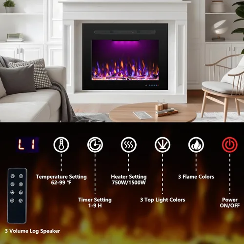 Miniatura 3 de Insertos de chimenea eléctrica trasera de 21.14 pulgadas de ancho con 3 llamas y luz superior, calentador de chimenea empotrado, termostato