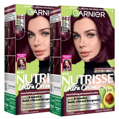 Garnier Nutrisse Ultra Color - Crema nutritiva para el cabello, BR2, color borgoña intenso oscuro (Passion Fruit), tinte permanente para el cabello