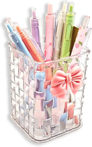 Soporte para bolígrafo para escritorio, bonito soporte para brochas de maquillaje acrílico, textura tejida con decoración de lazo, papelería de
