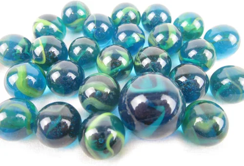 Miniatura 2 de ~ 25 canicas de vidrio tortuga marina azul/verde translúcido remolino estilo clásico paquete de juego (24 jugadores, 1 tirador) decoración/relleno