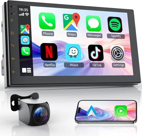 Haudio Estéreo de coche de doble DIN, pantalla táctil HD de 7 pulgadas con Apple Carplay inalámbrico y Android Auto, Mirror Link, Bluetooth 5.4,