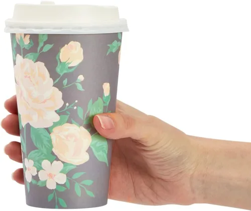 Miniatura 5 de BLUE PANDA Tazas de café de papel, 16 onzas, 48 unidades, 4 colores florales pastel, tazas desechables con tapas para café caliente y frío y té