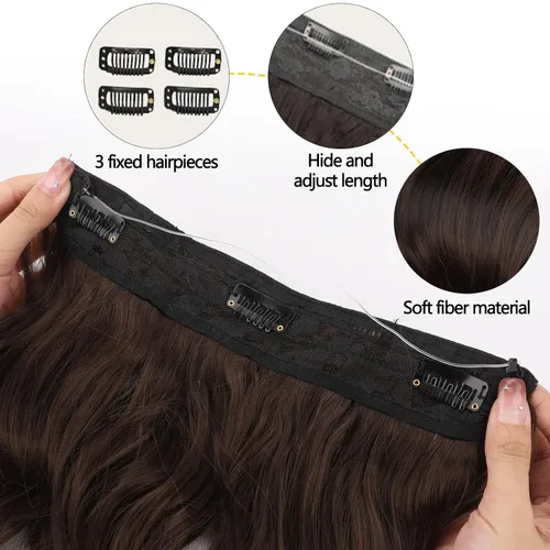 Miniatura 3 de Extensiones de cabello con alambre invisible con alambre transparente, tamaño ajustable, 3 clips de seguridad, largo, ondulado, sintético, postizo