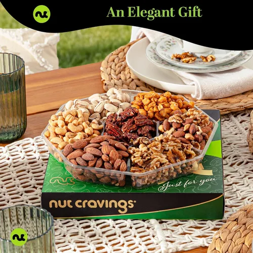 Miniatura 4 de NUT CRAVINGS - Cesta de regalo de frutos secos mixtos en caja de oro verde (7 surtidos, 2 libras) golosinas para adultos, arreglo de alimentos