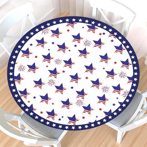 Miniatura 9 de Mantel redondo ajustable para el 4 de julio con borde elástico, impermeable, lavable, azul, rojo, blanco, estrella, patriótica, independencia, Día