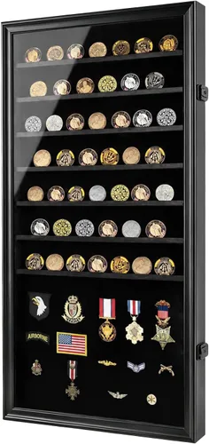 Miniatura 14 de Jinchuan Expositor de Monedas Militares con Cerradura, Gabinete de Exhibición, Caja de Sombra con Estantes Desmontables de 2 Ranuras y Vidrio