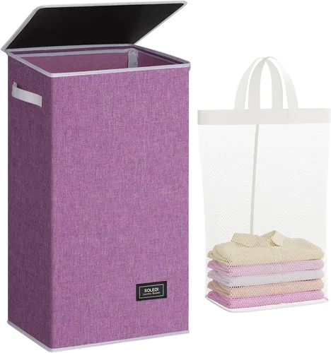 Miniatura 44 de SOLEDI - Canasta de lavandería con tapa de 100L, canasta de ropa plegable grande y alta, cesta de lavandería con bolsa removible fácil