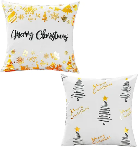 Miniatura 10 de TAJWE - Juego de 2 fundas de almohada decorativas de Navidad, 45 x 45 cm, Merry Christmas, rojo y dorado, decoraciones de invierno, árboles