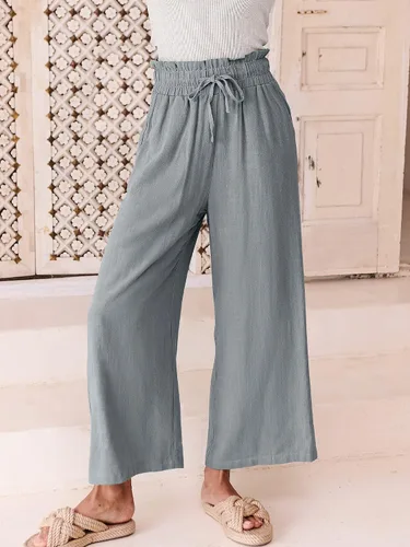 Miniatura 7 de ANRABESS Pantalones de lino para mujer, estilo casual, holgados, cintura alta, cordón de pierna ancha, pantalones capri palazzo con bolsillos