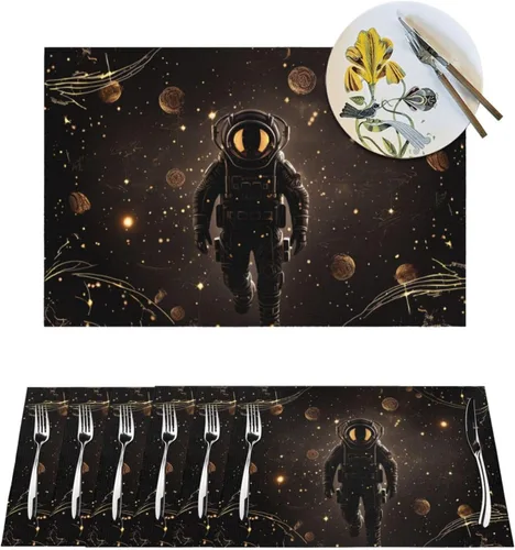 6 PCS PVC Placemats Set Place Mats Black Gold Space Non-Slip Weave Place Mats 12" x 18" Farmhouse Table Mat Set for Family Dinners Wedding Parties