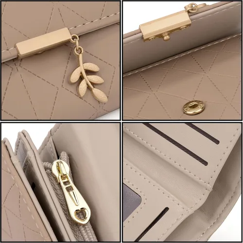 Miniatura 55 de UTO - Cartera pequeña RFID de piel sintética con dije de hoja, cierre de cremallera y tarjetero.