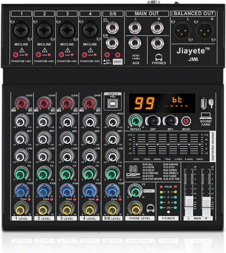 Mezclador DJ de 6 canales, mezclador de audio profesional, metal, efectos preestablecidos DSP 99, tablero de sonido Bluetooth, alimentación fantasma