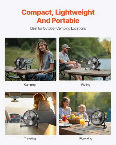 Miniatura 6 de VEVOR Ventilador de piso recargable de 10 pulgadas operado por batería para camping, ventilador portátil de alta velocidad para exteriores con marco