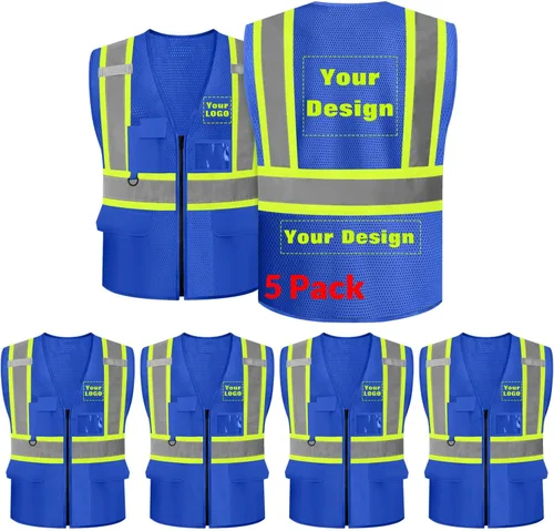 Miniatura 14 de Chaleco de seguridad de malla personalizado con LOGOTIPO Chaleco reflectante de alta visibilidad con 5 bolsillos y cremallera Azul personalizado
