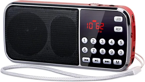 PRUNUS J-189 Radio FM Bluetooth AM, pequeña radio portátil – altavoz dual graves pesados, linterna LED, tamaño de bolsillo, tarjeta TF USB AUX Rojo